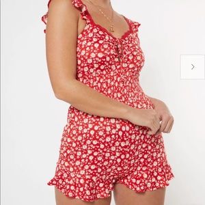 Red floral ruched romper